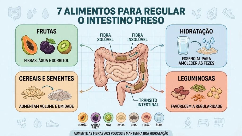 Frutas, fibras, leguminosas e água ajudam a hidratar as fezes e estimular o intestino.