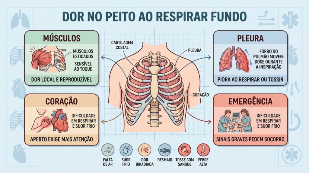 Músculos, pleura, coração e sinais de emergência orientam a avaliação clínica.