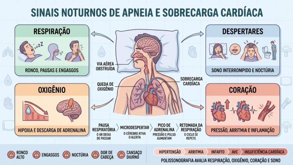 Respiração interrompida, hipóxia e adrenalina repetida explicam a sobrecarga cardiovascular noturna.