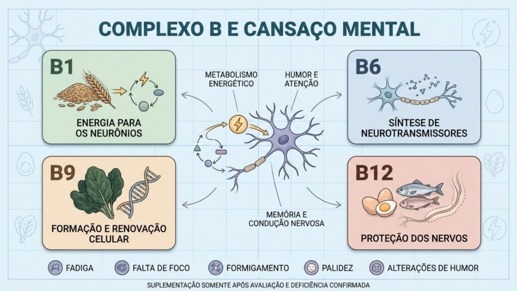 Alimentação variada ajuda a manter níveis adequados das vitaminas do complexo B.