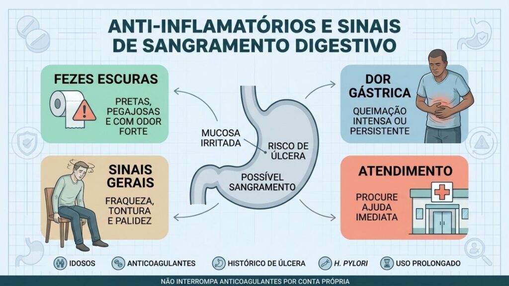 Fezes escuras, dor gástrica, fraqueza e tontura são sinais de alerta.