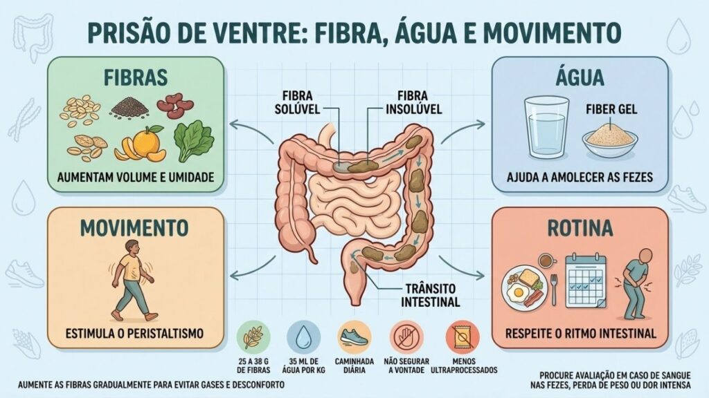 Fibras, hidratação, movimento e rotina intestinal atuam juntos contra a constipação frequente.Fibras, hidratação, movimento e rotina intestinal atuam juntos contra a constipação frequente.