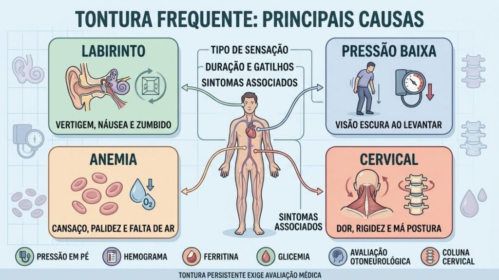 Labirinto, pressão, anemia e coluna cervical exigem investigação por padrões diferentes.
