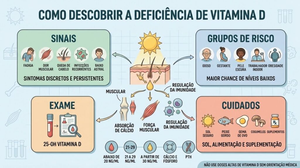 Sintomas, fatores de risco e exame de sangue ajudam a confirmar a deficiência.