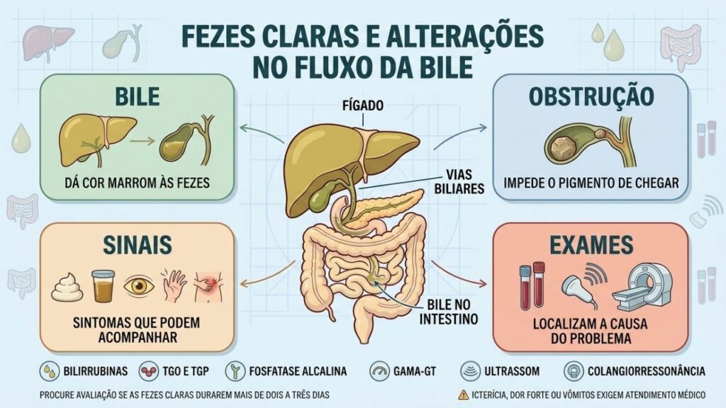 Bile, obstruções, sintomas associados e exames ajudam a explicar as fezes claras.