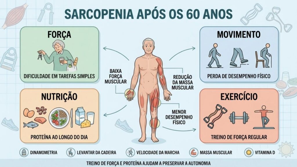 Força, movimento, proteína e exercício ajudam a prevenir e tratar a sarcopenia.