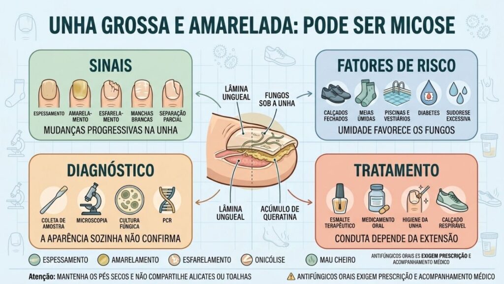 Sinais, riscos, exames e tratamento ajudam a identificar e controlar a micose ungueal.