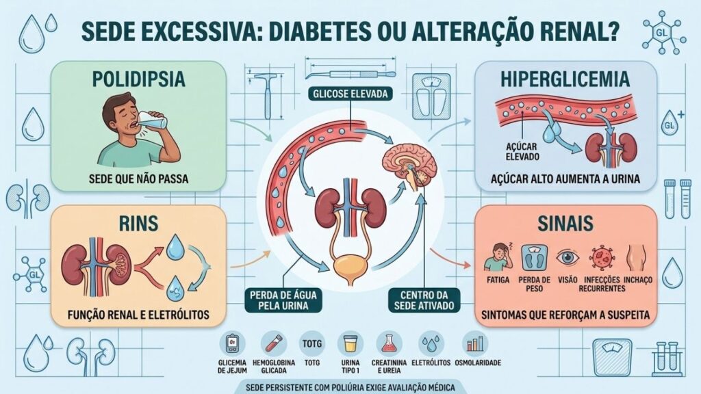 Polidipsia, hiperglicemia, função renal e exames orientam a investigação da sede excessiva.