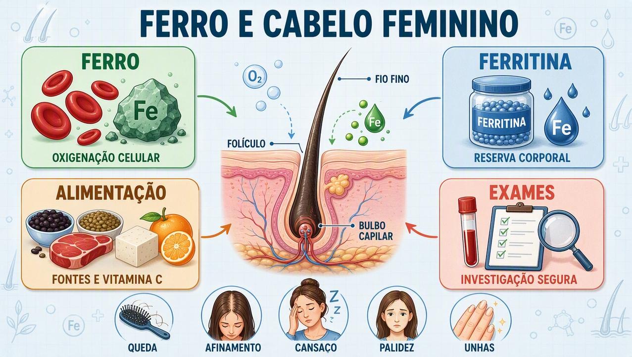 Ferritina, alimentação e exames formam pilares para proteger os fios.