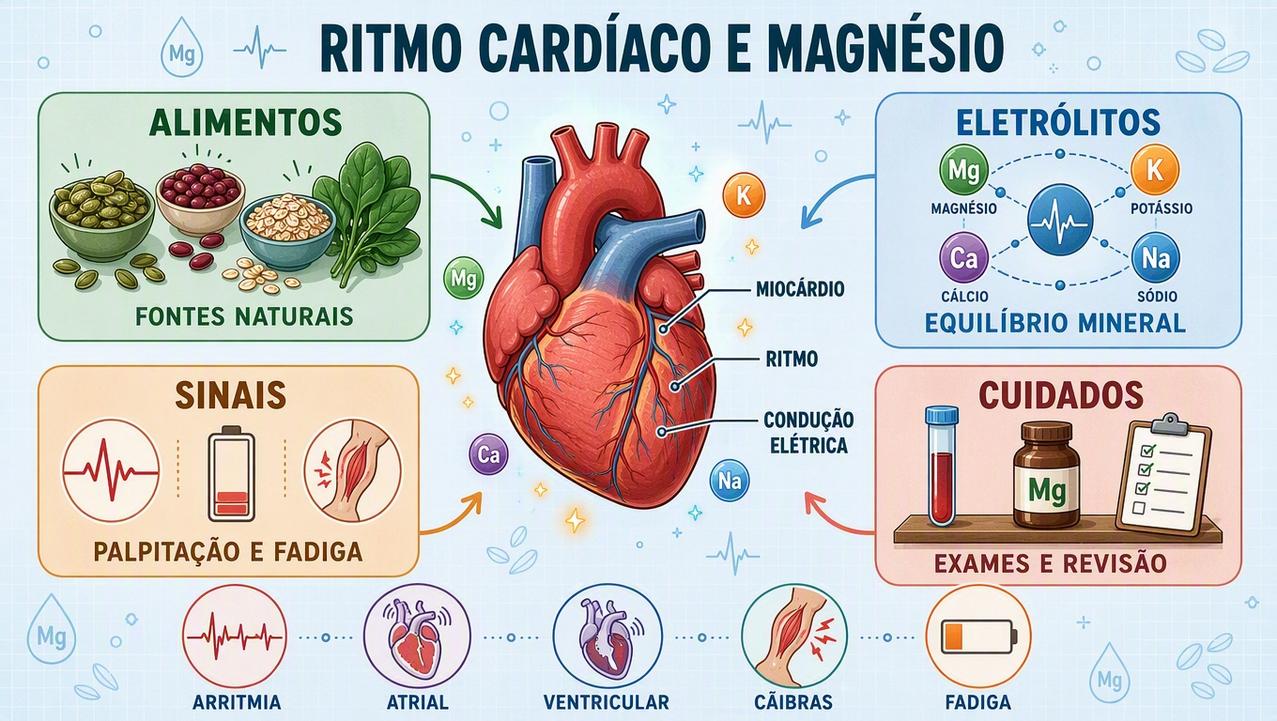 Infográfico resume alimentos, eletrólitos, sinais e cuidados ligados às arritmias cardíacas.