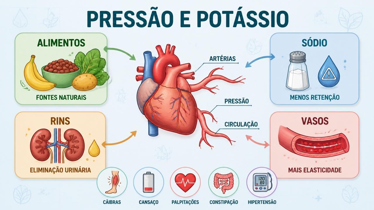Infográfico mostra potássio, sódio, rins e vasos na regulação da pressão.