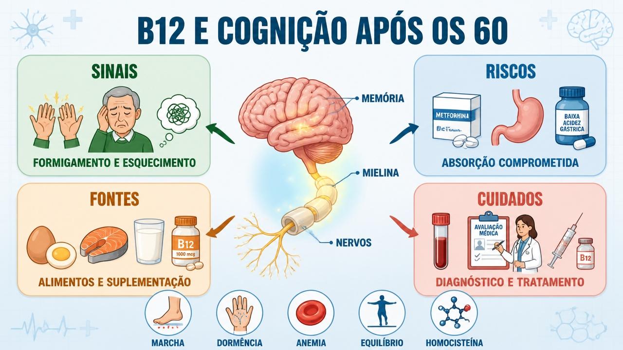 Infográfico resume sinais, riscos, fontes e cuidados na deficiência de vitamina B12.