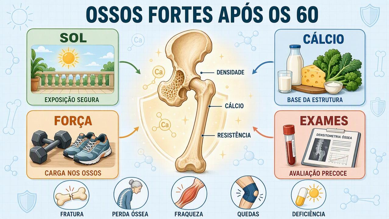 Sol, cálcio, força e exames ajudam a proteger a densidade óssea.