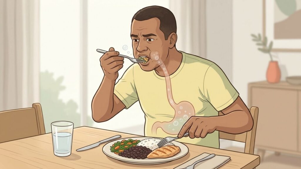 Desacelerar a refeição reduz o ar engolido e melhora o conforto digestivo.