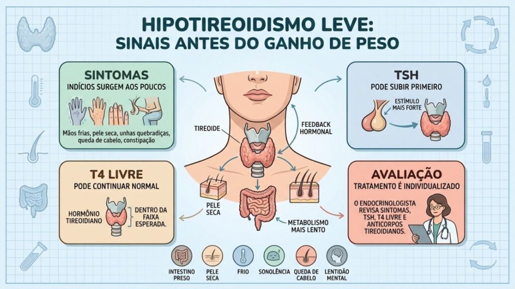 Sintomas, TSH, T4 livre e avaliação explicam o hipotireoidismo subclínico.