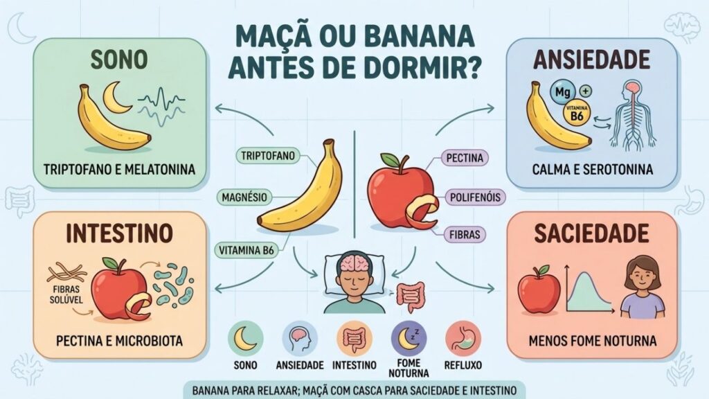 A melhor fruta noturna depende do objetivo: sono, ansiedade, intestino ou saciedade.