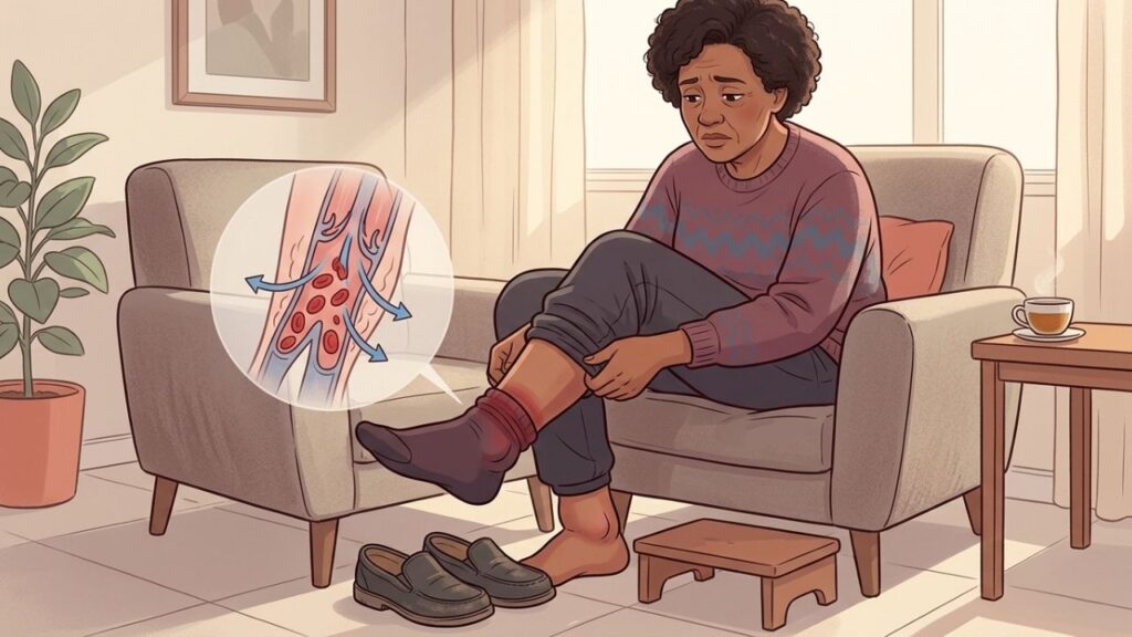 Pernas pesadas e tornozelos inchados pioram após muitas horas sem movimento.