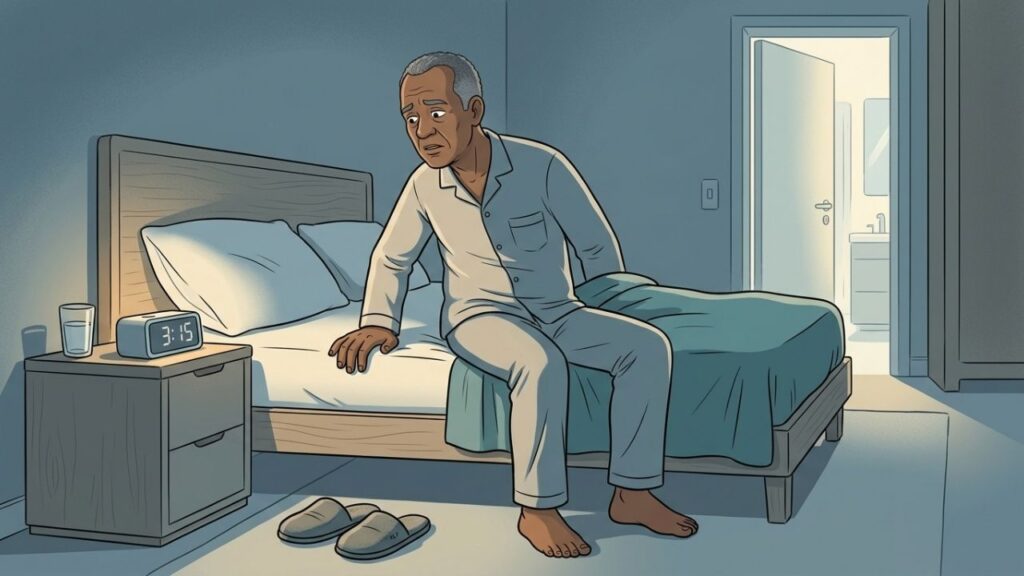 Noctúria frequente fragmenta o sono e pode acompanhar retenção de líquidos ou diabetes.
