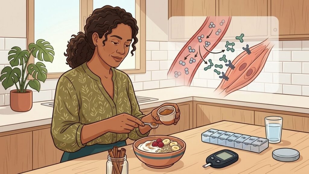 Pequenas quantidades de canela podem apoiar o cuidado no diabetes tipo 2.