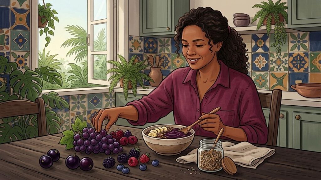 Frutas roxas e vermelhas fornecem pigmentos antioxidantes ligados à proteção cardiometabólica.