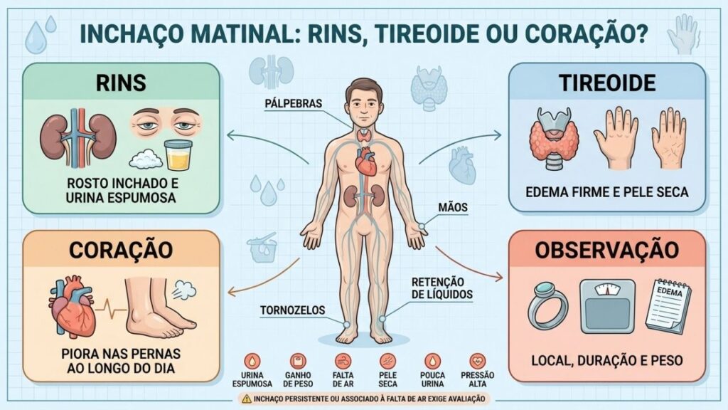 Rins, tireoide, coração e padrão do edema orientam a investigação médica.