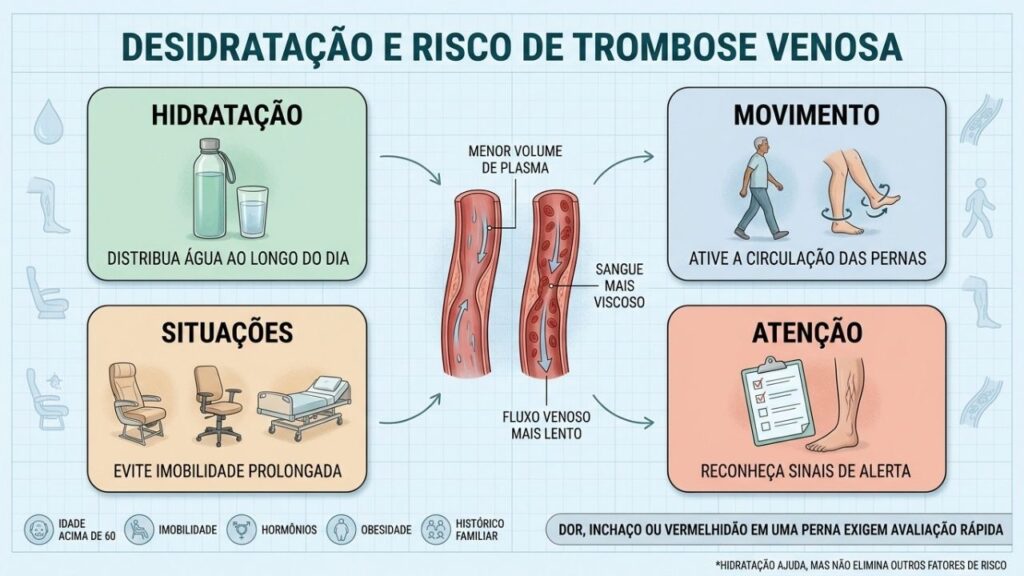 Hidratação, movimento e atenção aos riscos ajudam a proteger a circulação venosa.