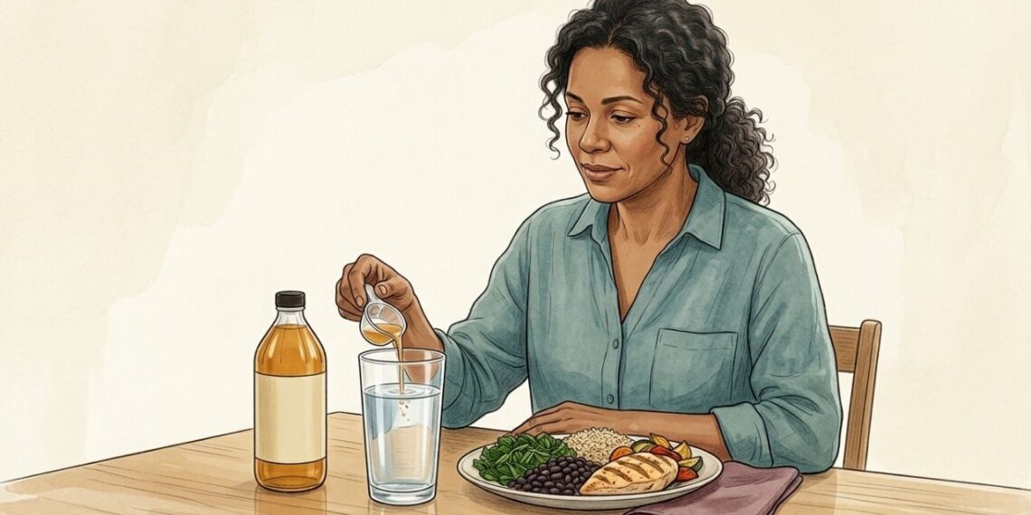 Como a água com vinagre de maçã atua para controlar a glicemia após as refeições e qual o prazo para notar o alívio