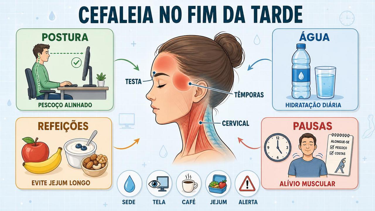 Infográfico resume postura, água, refeições e pausas contra cefaleia no fim da tarde.