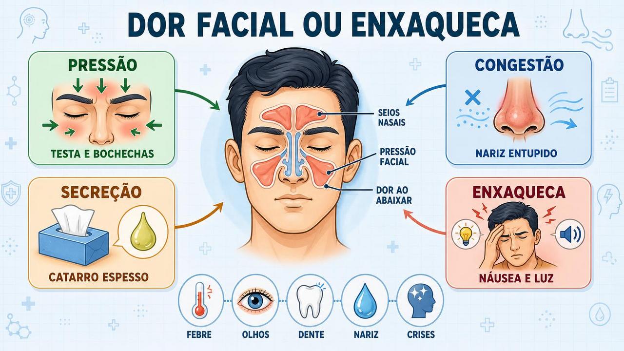 Pressão facial, congestão, secreção e náusea ajudam a diferenciar os quadros.