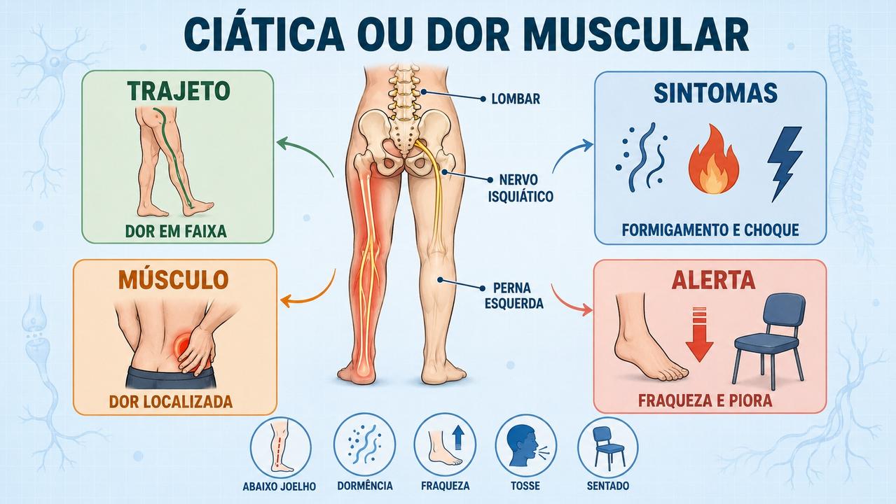 Trajeto da dor, sintomas neurológicos, localização e sinais de alerta ajudam na diferenciação.
