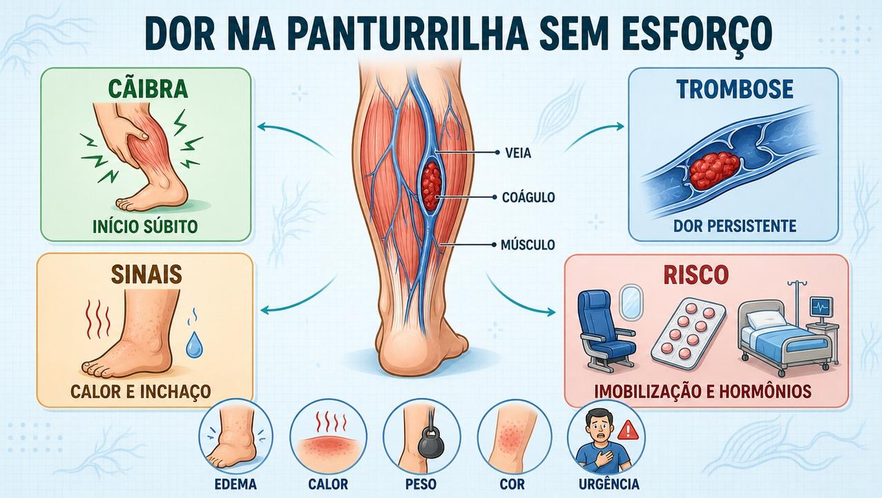 Infográfico destaca sinais, riscos e diferenças entre câimbra muscular e trombose.