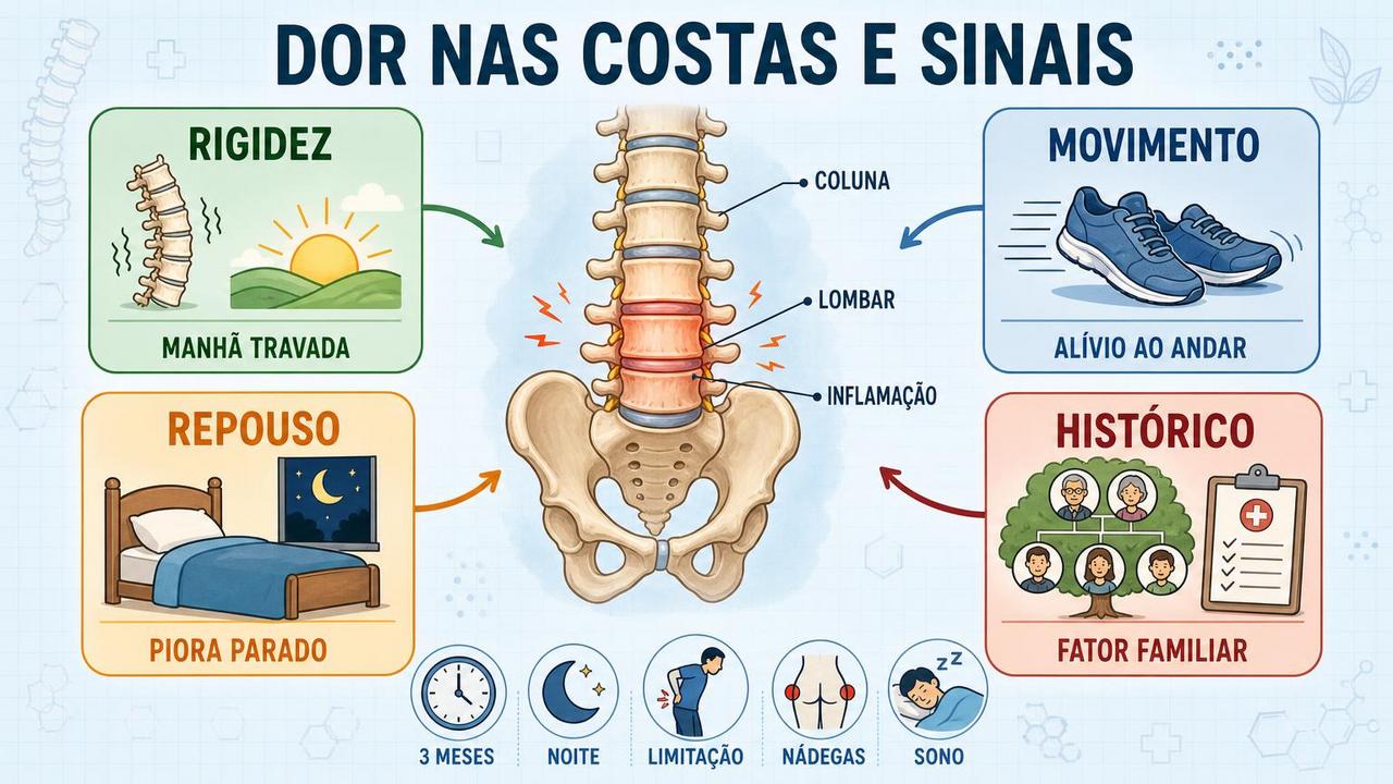 Rigidez, alívio ao andar, piora no repouso e histórico familiar orientam a avaliação.