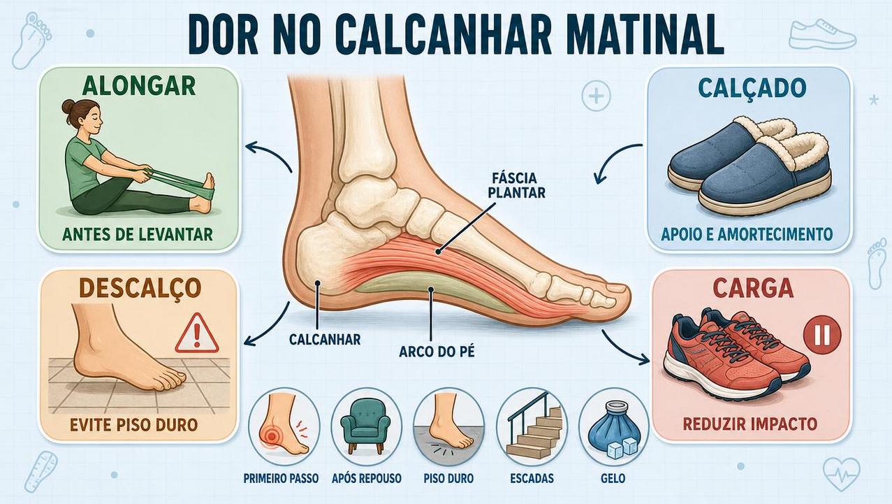 Alongar, calçado adequado, menos impacto e evitar piso duro ajudam.