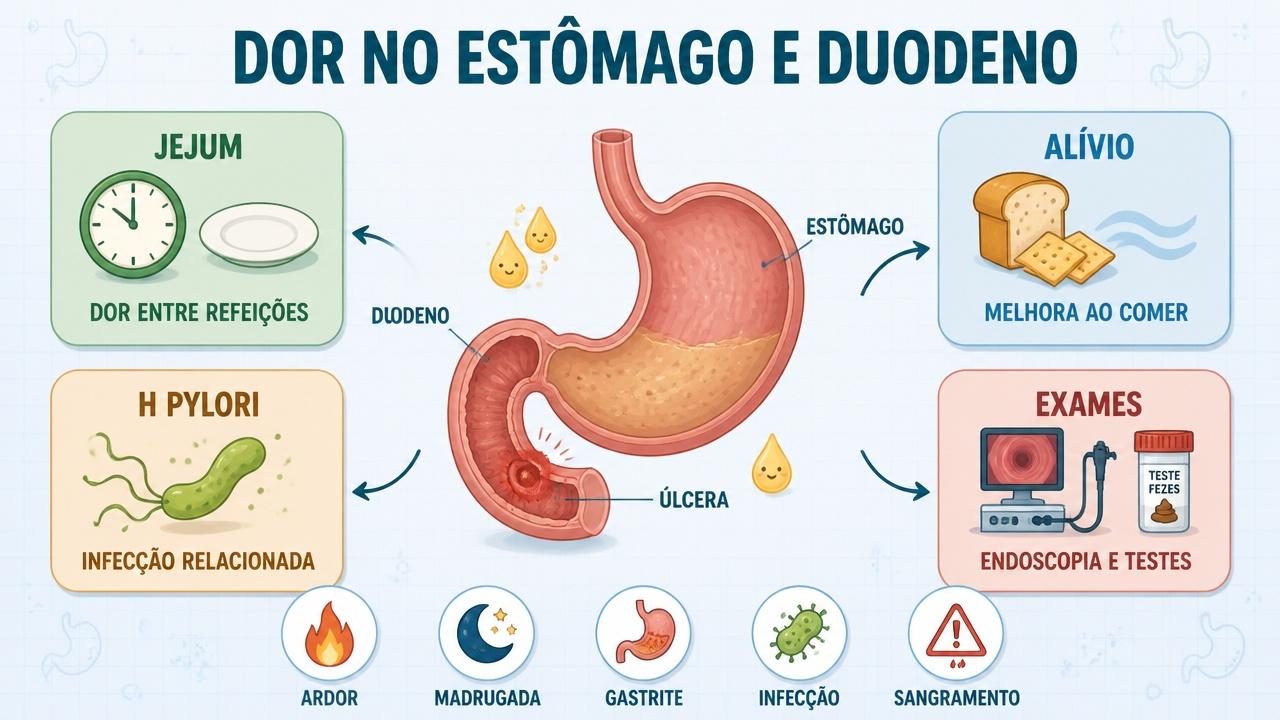 Jejum, alívio ao comer, H. pylori e exames orientam a diferenciação clínica.