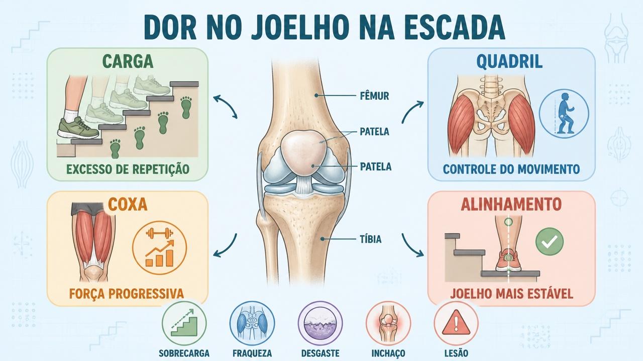 Infográfico resume carga, quadril, coxa e alinhamento na dor femoropatelar.