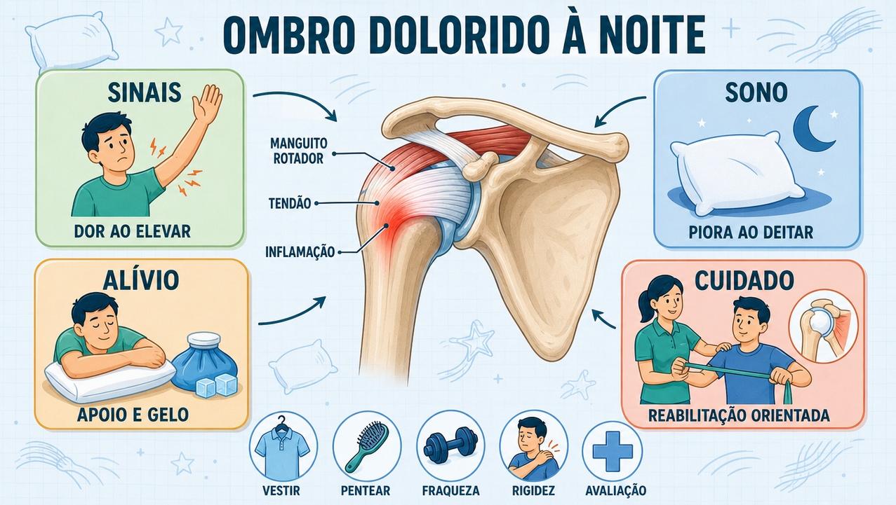 Infográfico resume sinais, piora noturna, alívio inicial e cuidado da tendinite.