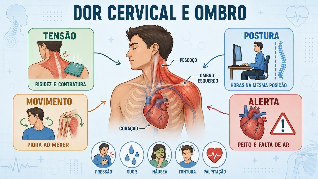 Infográfico resume sinais musculares, postura, movimento e alertas cardíacos importantes.