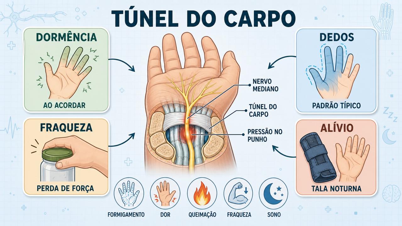 Infográfico resume sinais centrais do túnel do carpo e medidas iniciais.