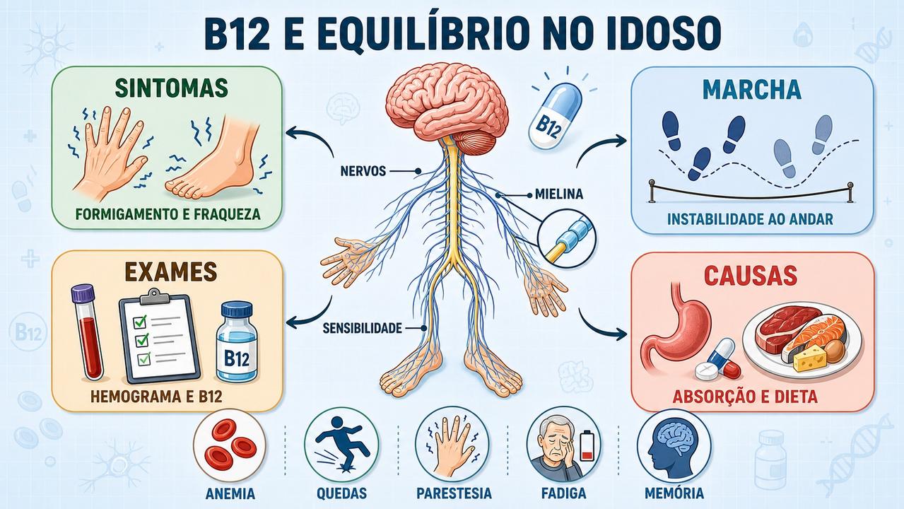 Infográfico resume sintomas, marcha, exames e causas da deficiência de vitamina B12.