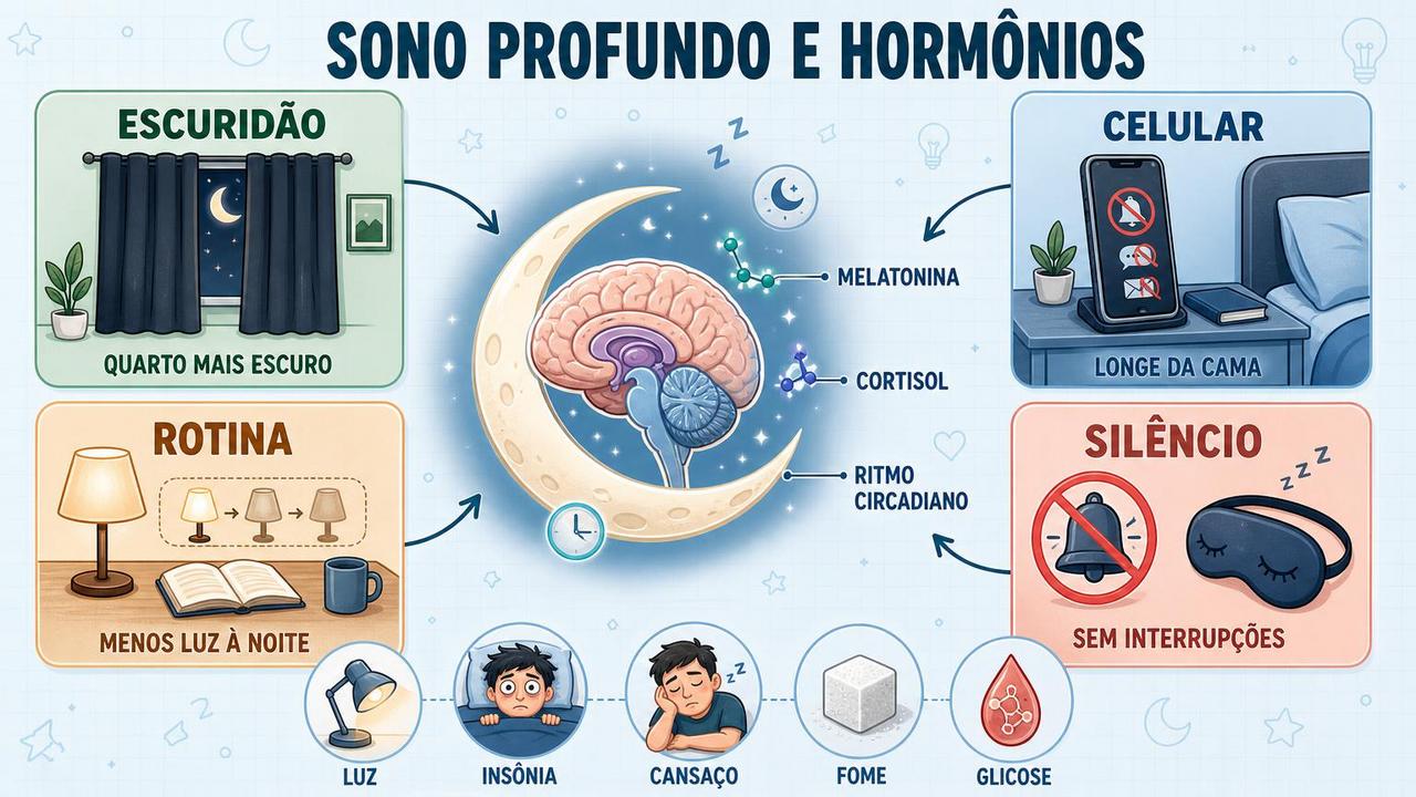 Escuridão, distância do celular, rotina e silêncio ajudam hormônios e sono.