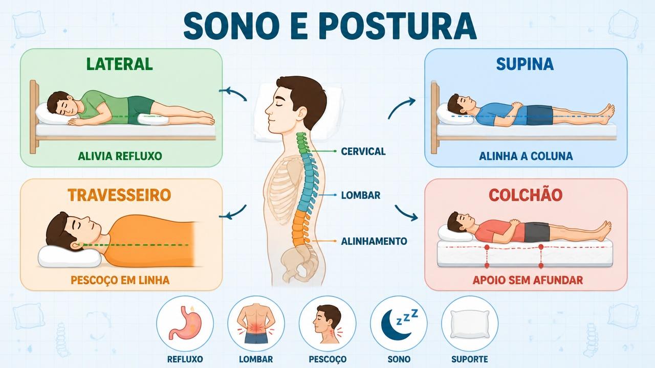 Infográfico mostra postura, travesseiro, colchão e alinhamento para dormir melhor.
