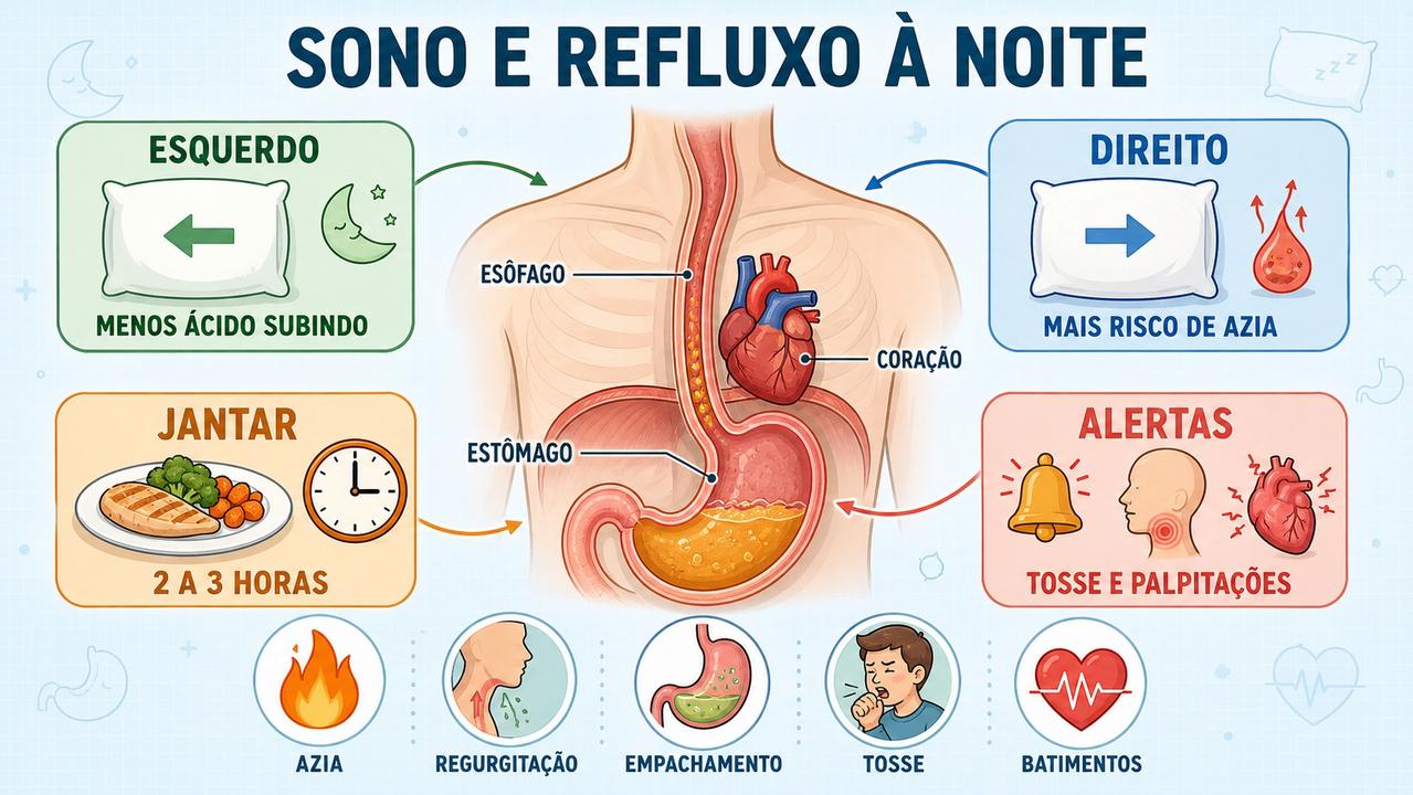 Infográfico resume posições, jantar, refluxo e sinais de alerta noturnos.