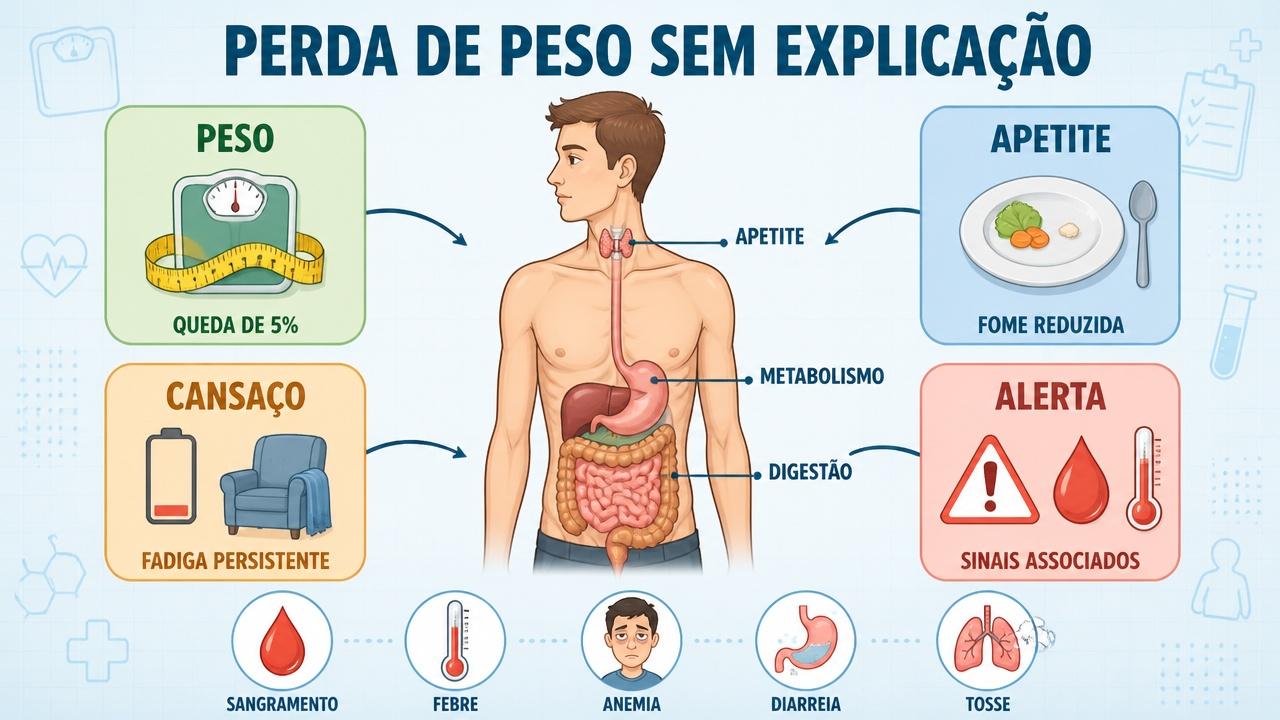 Infográfico resume perda de peso, apetite, cansaço e sinais de alerta.