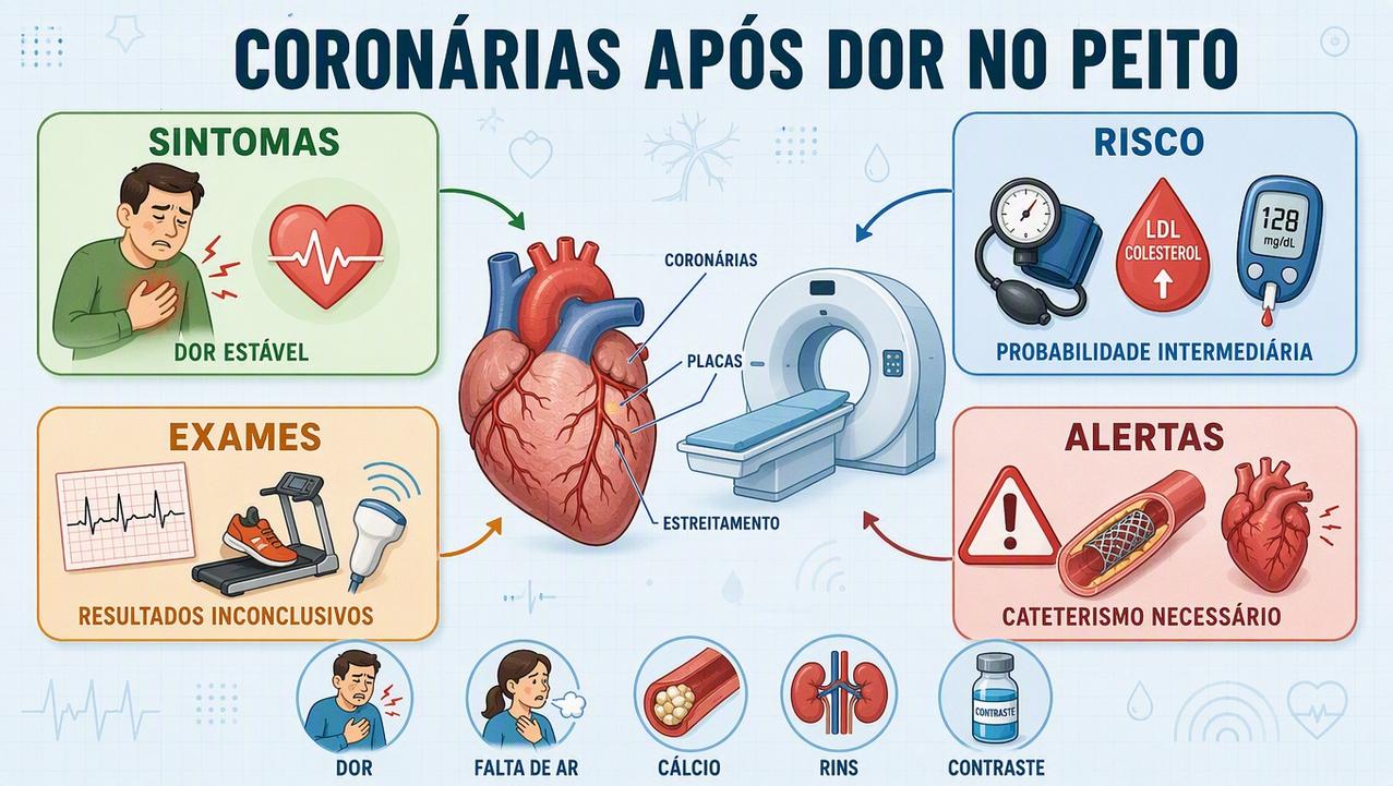 Sintomas, risco, exames e alertas orientam a investigação das coronárias.