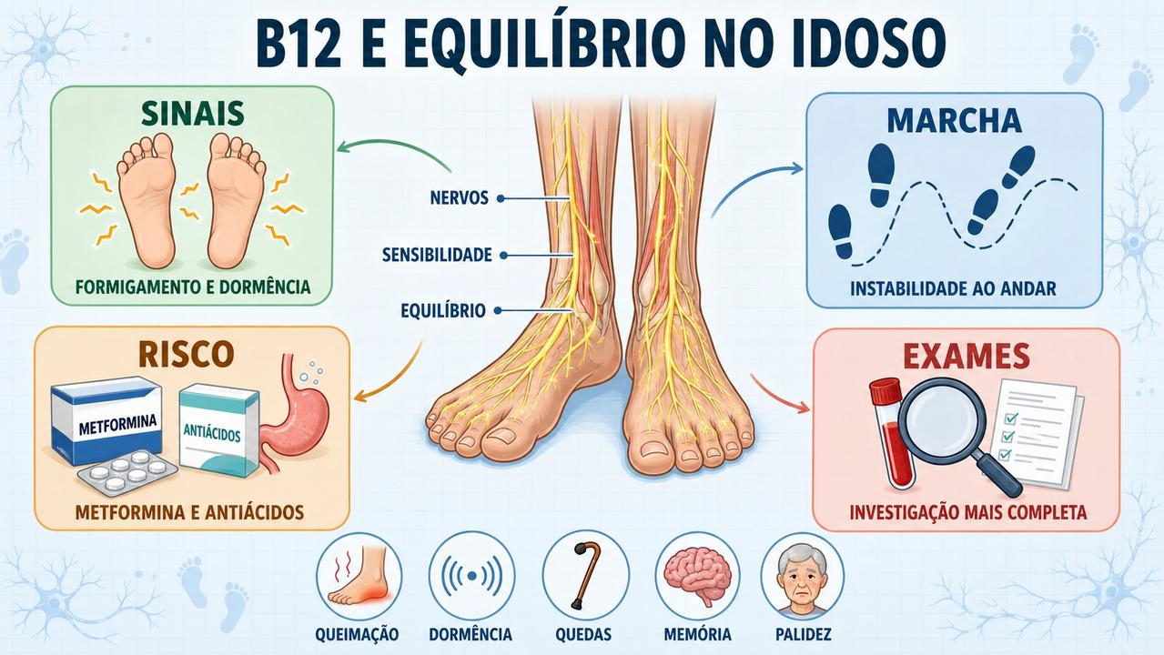 Infográfico resume sinais, marcha, fatores de risco e investigação da deficiência de B12.