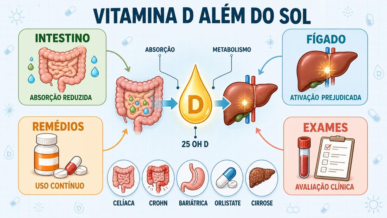 Intestino, fígado, medicamentos e exames orientam a investigação da deficiência.
