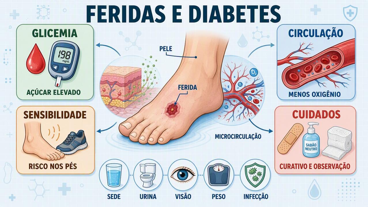 Glicemia, circulação, sensibilidade e cuidados influenciam a cicatrização das feridas.