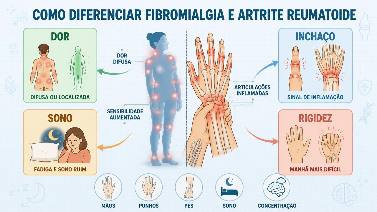 Infográfico resume sinais que diferenciam fibromialgia da artrite reumatoide no dia a dia.