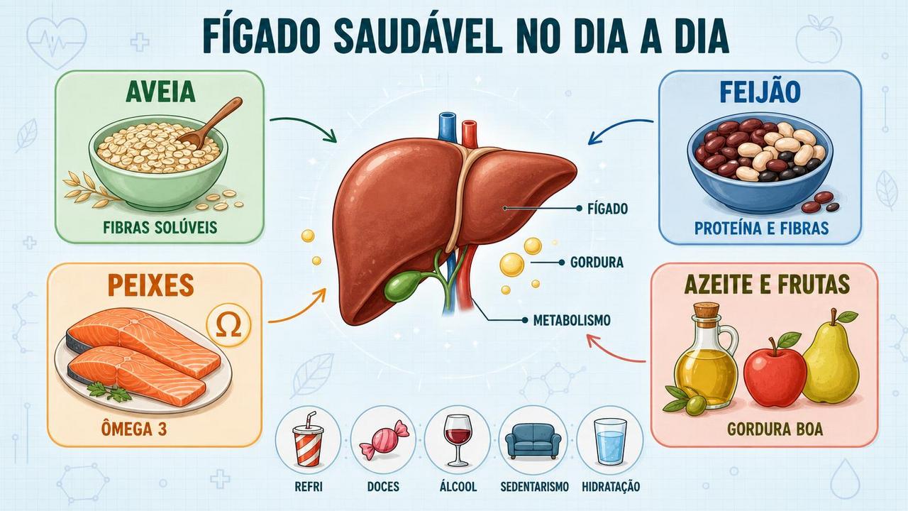 Infográfico resume alimentos e hábitos ligados à melhora do fígado gorduroso.