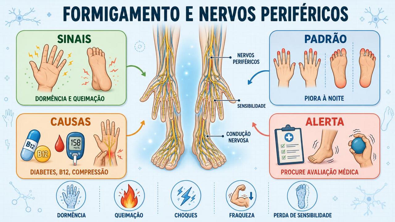 Sinais, causas, padrão e alerta médico no formigamento neuropático periférico.